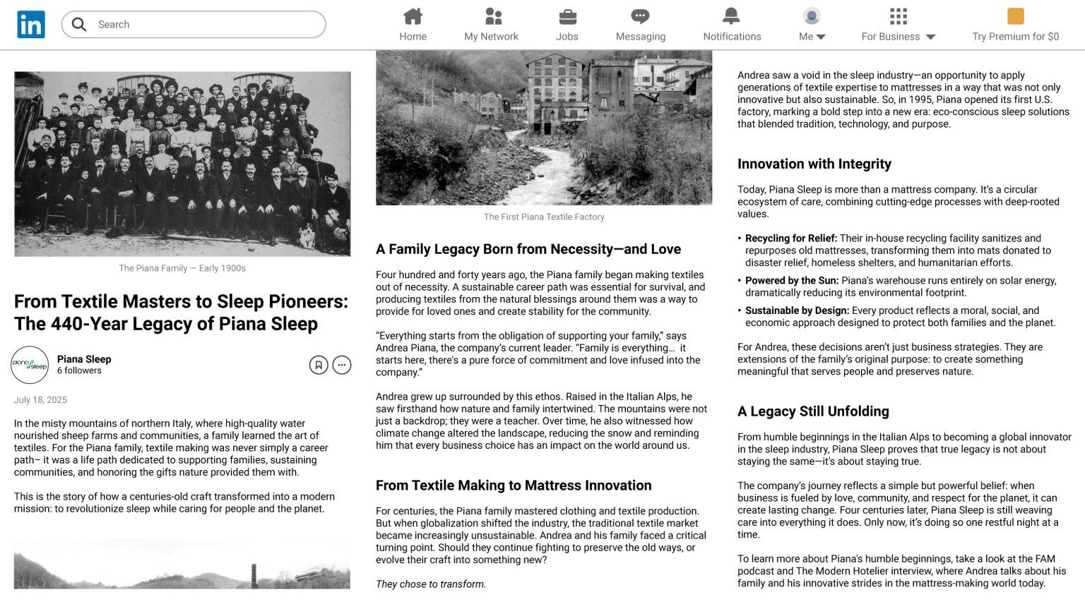 Piana Sleep branding on LinkedIn, showcasing the company's 440-year legacy in sustainable bedding innovation and textile expertise, with emphasis on luxury and environmental consciousness.