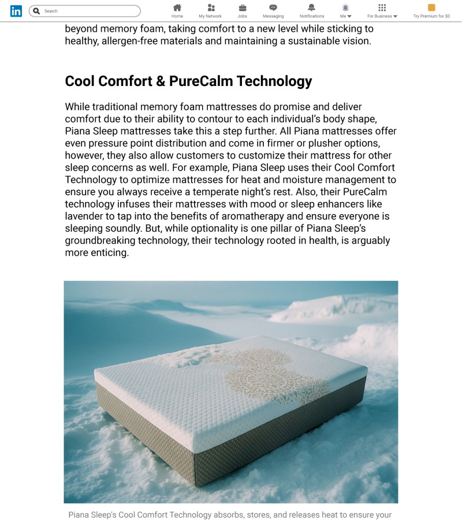 Piana Sleep mattress showcasing Cool Comfort Technology on snowy landscape, emphasizing sustainable luxury and innovative sleep solutions.